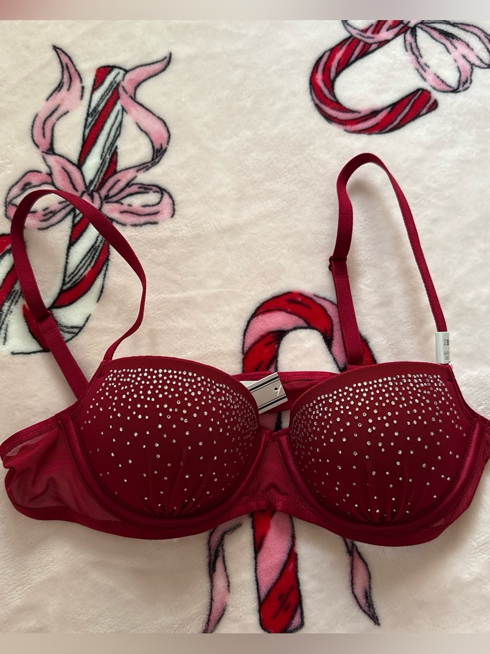 NWT PINK Victoria’s Secret red rhinestones lightly lined balconette bra 32B